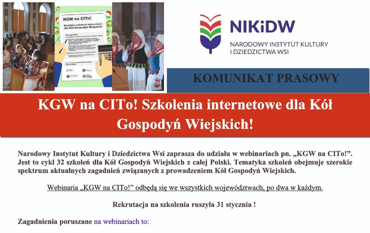 Zdjęcie do KOMUNIKAT PRASOWY - Szkolenie online dla KGW